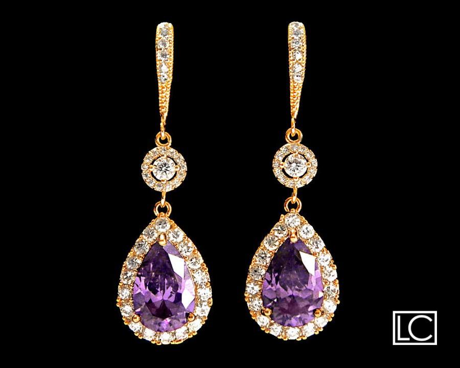 Wedding - Amethyst Crystal Gold Chandelier Earrings FREE US Ship Purple Gold Earrings Amethyst Teardrop Halo Earrings Purple Bridal Wedding Earrings - $37.90 USD
