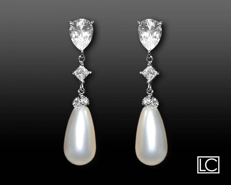 Wedding - White Teardrop Pearl Earrings, Swarovski Pearl Silver Bridal Earrings, White Pearl CZ Silver Chandelier Earrings, Bridal Pearl Jewelry - $30.90 USD
