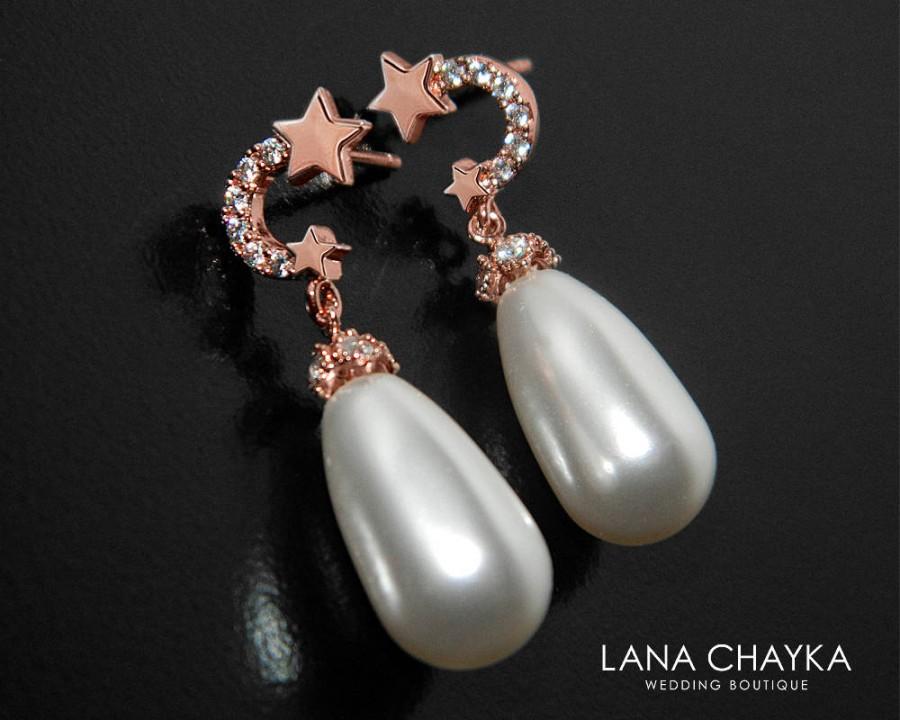 زفاف - Teardrop Pearl Rose Gold Bridal Earrings, Crescent Moon Star Pearl Earrings, Wedding White Pearl Earrings, Swarovski White Pearl Earrings - $27.50 USD