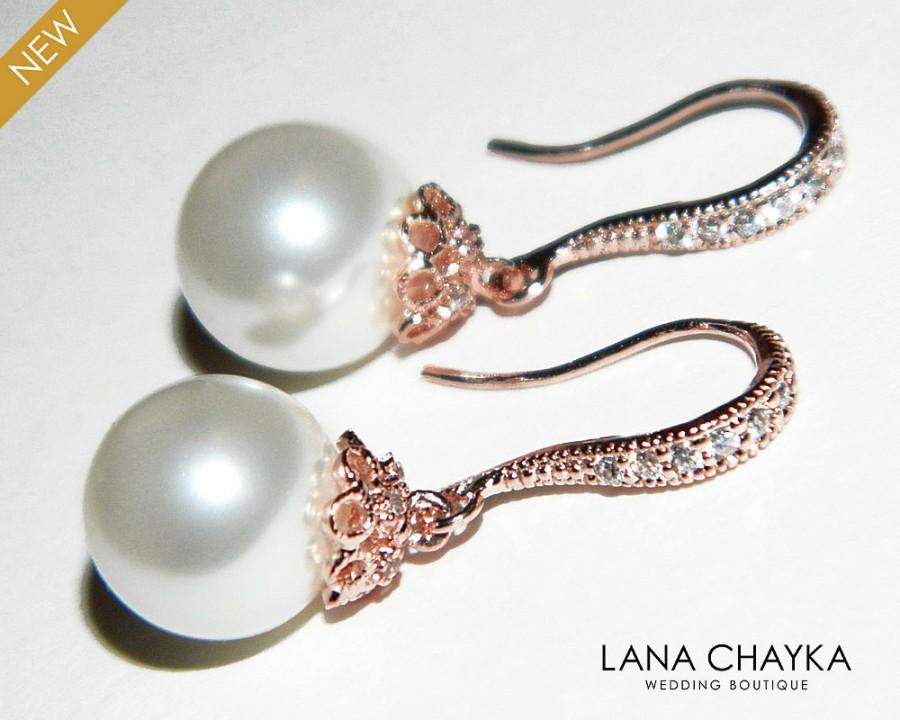 زفاف - White Pearl Rose Gold Bridal Earrings 10mm Pearl Drop Wedding Earrings Swarovski Pearl CZ Earrings Bridal Pearl Rose Gold Jewelry Bridesmaid - $28.50 USD
