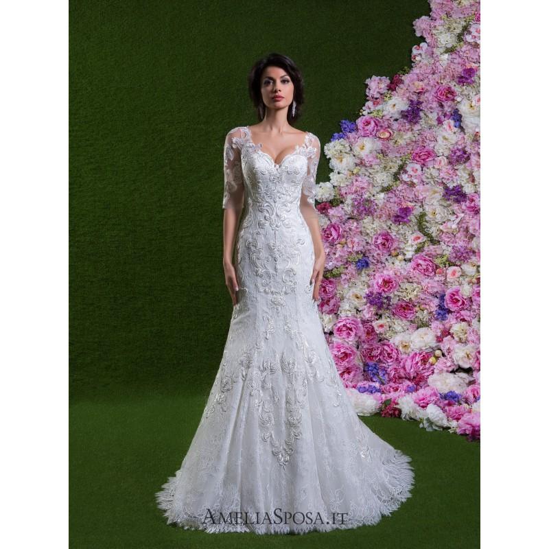 Wedding - Amelia Sposa 2018 Penelope Sweet Ivory Chapel Train Sheath V-Neck 1/2 Sleeves Embroidery Lace Wedding Gown - Customize Your Prom Dress