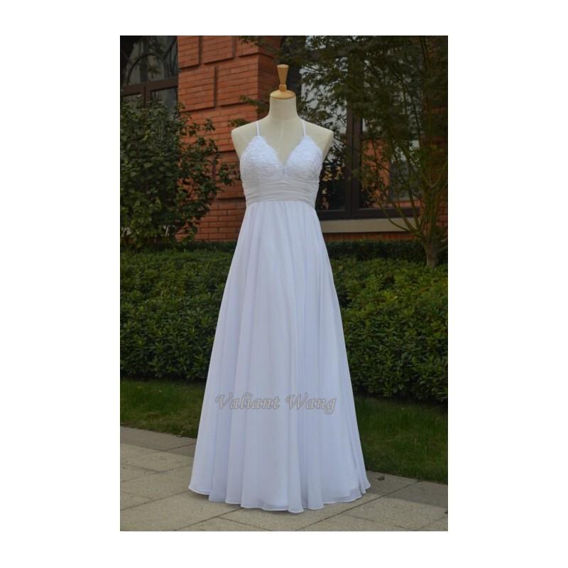 Свадьба - Open Back Cross Straps White Lace Flow Chiffon Wedding Dress Wedding Gown Empire Waist V Neckline Spaghetti Dress - Hand-made Beautiful Dresses