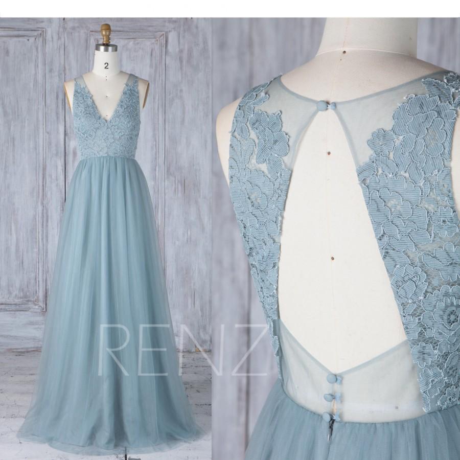 Mariage - Bridesmaid Dress Dusty Blue Tulle V Neck Illusion Lace Wedding Dress,Open Back Long Prom Dress,A Line Sleeveless Maxi Dress (LS335)