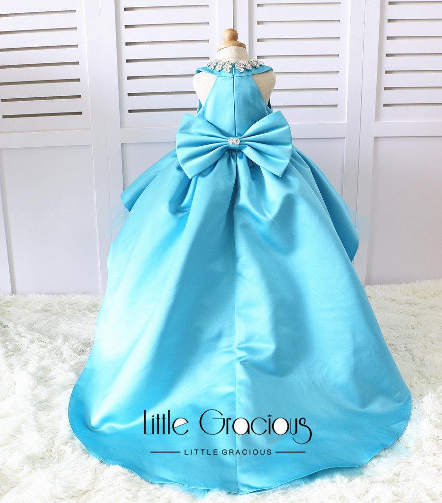 زفاف - The Neira Long Tail Ocen Blue/ tiffany blue sequins Back Couture Flower Girl Dress, Toddler Pageant Dress, Girl Birthday Dress, LG016