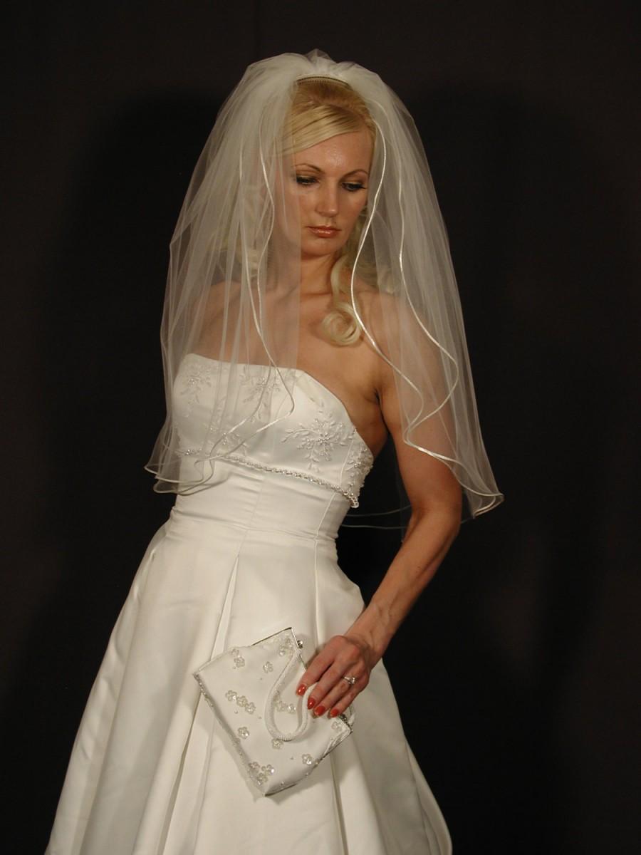 زفاف - wedding veil  2 layer 30" long elbow length with satin ribbon corded 1/8"