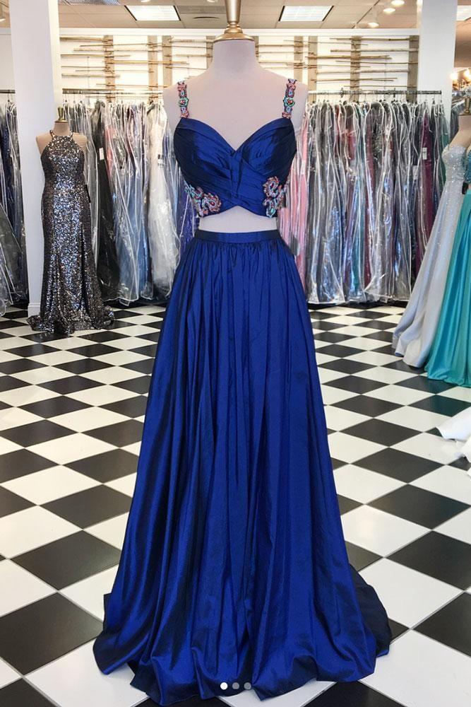زفاف - Blue Two Pieces Beads Long Prom Dress, Blue Evening Dress