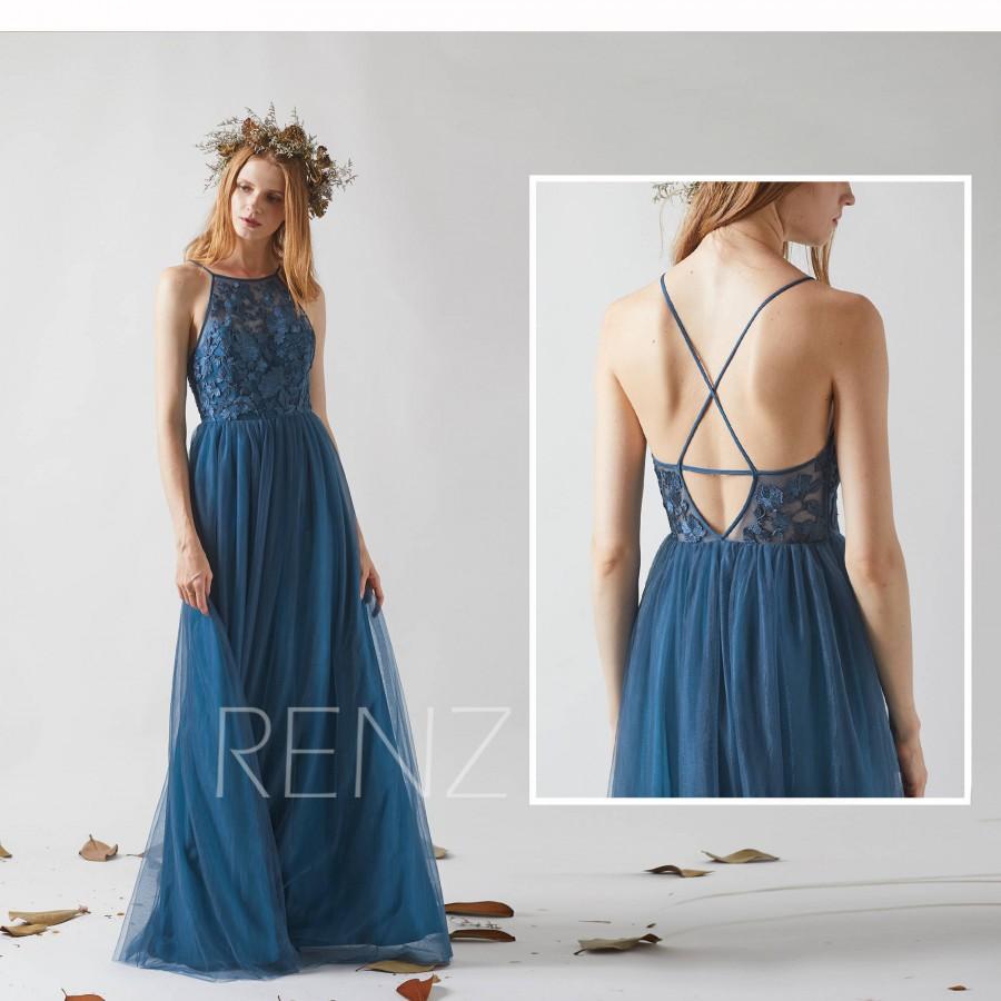 Hochzeit - Bridesmaid Dress Ink Blue Tulle Dress,Wedding Dress,Criss Cross Spaghetti Strap Maxi Dress,Lace Illusion A Line Dress,Evening Dress(HS552)