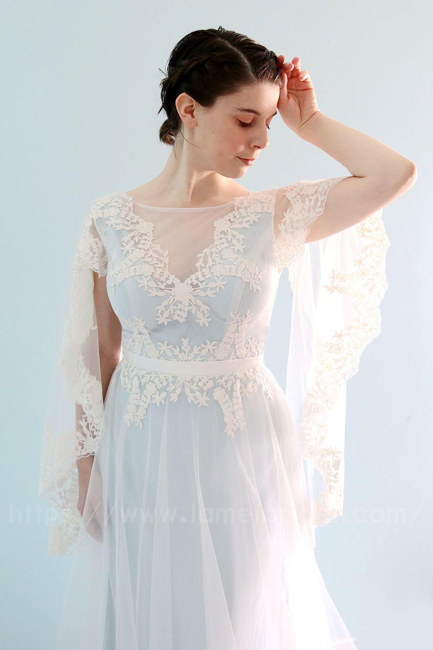 Wedding - Adorable Fantasy Sky Blue A-Line Style Dress with Illusion Neckline and Short Lace Edged Cape