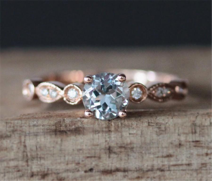 Mariage - Art Deco Aquamarine Engagement Ring 5mm Round Cut Aquamarine Ring March Birthstone Ring 14K Rose Gold Ring Gold Engagment Ring Birdal Ring