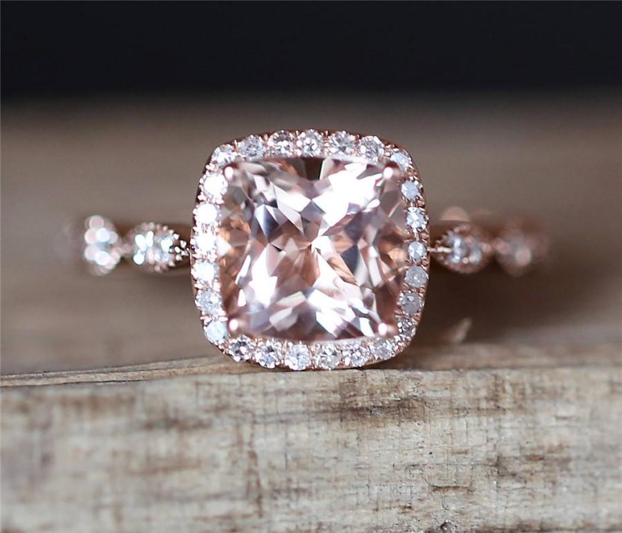 Свадьба - Art Deco Morganite Engagement Ring Natural 7mm Cushion Cut Morganite Ring Halo Ring Half Eternity Diamond Ring Stackable 14K Rose Gold Ring