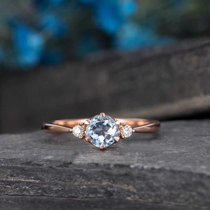 Wedding - Aquamarine Engagement Ring Rose Gold 3 Stone Ring Diamond Thin Minimalist Birthstone March Promise Ring Anniversary Bridal Half Eternity