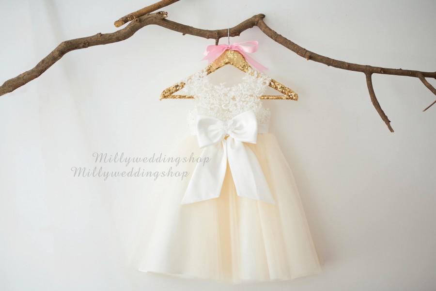 Свадьба - Beaded Ivory Lace Champagne Tulle Wedding Flower Girl Dress with Big Bow M0071