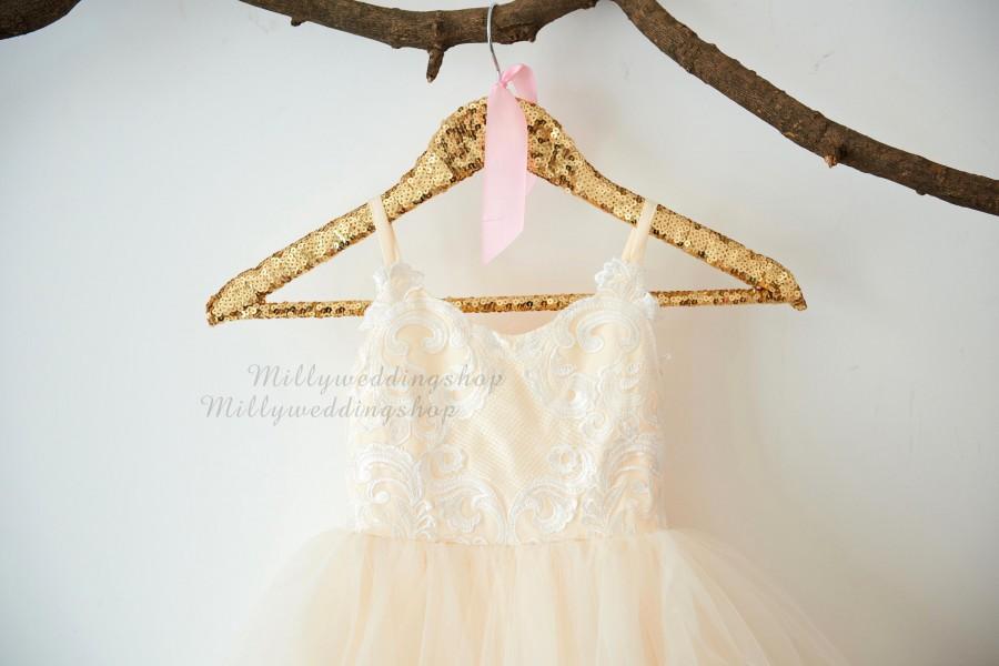 Mariage - Spaghetti Straps Ivory Lace Champagne Tulle Organza Princess Wedding Flower Girl Dress M0069
