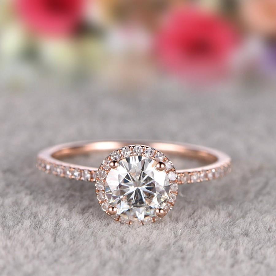 Hochzeit - Solid 14k Gold Ring,1ct brilliant Moissanite Engagement ring Rose gold,Diamond wedding band,Gemstone Promise Bridal Ring,Halo,Prongs