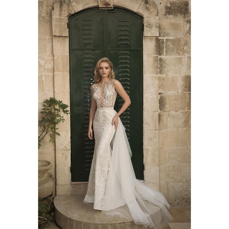 Mariage - Dany Mizrachi Spring/Summer 2018 DM09/18 S/S Detachable Champagne Elegant Illusion Sheath Embroidery Tulle Wedding Gown - Rich Your Wedding Day