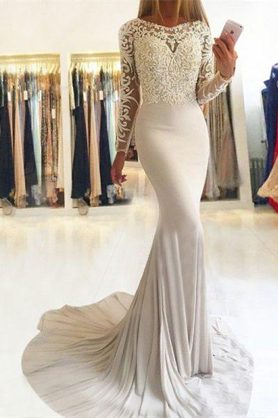 Mariage - Mermaid Bateau Long Sleeves Light Champagne Stretch Satin Prom Dress With Beading Lace