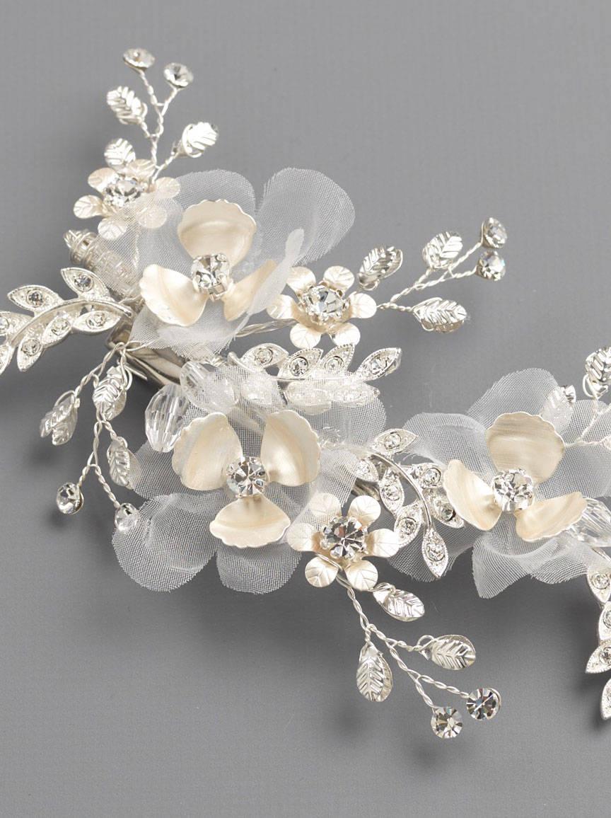 Wedding - Floral Bridal Hair Comb, Tulle Flower Wedding Clip, Silver Floral Bridal Accessory,Rhinestone Wedding Hair Piece, Floral Bridal Clip~TC-2312