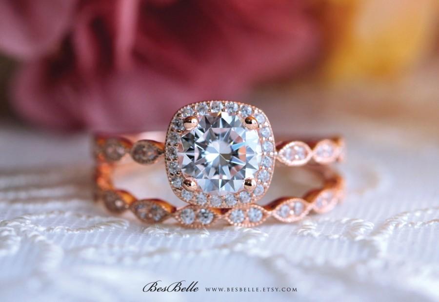 زفاف - 1.67 ct.tw Art Deco Bridal Set Ring-Halo Engagement Ring w/ All or Half Eternity Wedding Ring-Rose Gold Plated-Sterling Silver [5553RG-2]