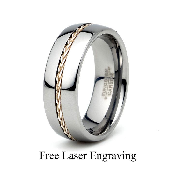 Mariage - Tungsten Carbide Wedding Band Polished Domed 950 Sterling Silver Braid Inlay 8mm Mens Wedding Ring Custom Laser Engraving