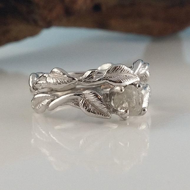 Wedding - 14K White Gold Raw Diamond Engagement Ring Set, Twig and Vine Wedding Ring, Hand Sculpted, One-of-a-kind Stacking Rings by Dawn Vertrees