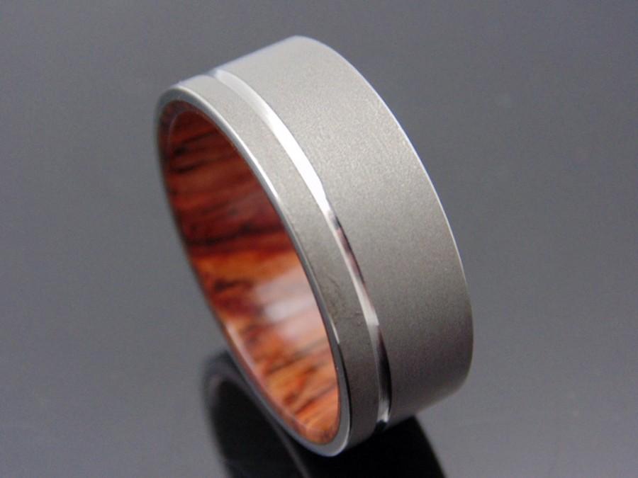 زفاف - Cocobolo Wood ring with blasted Titanium , Polished groove