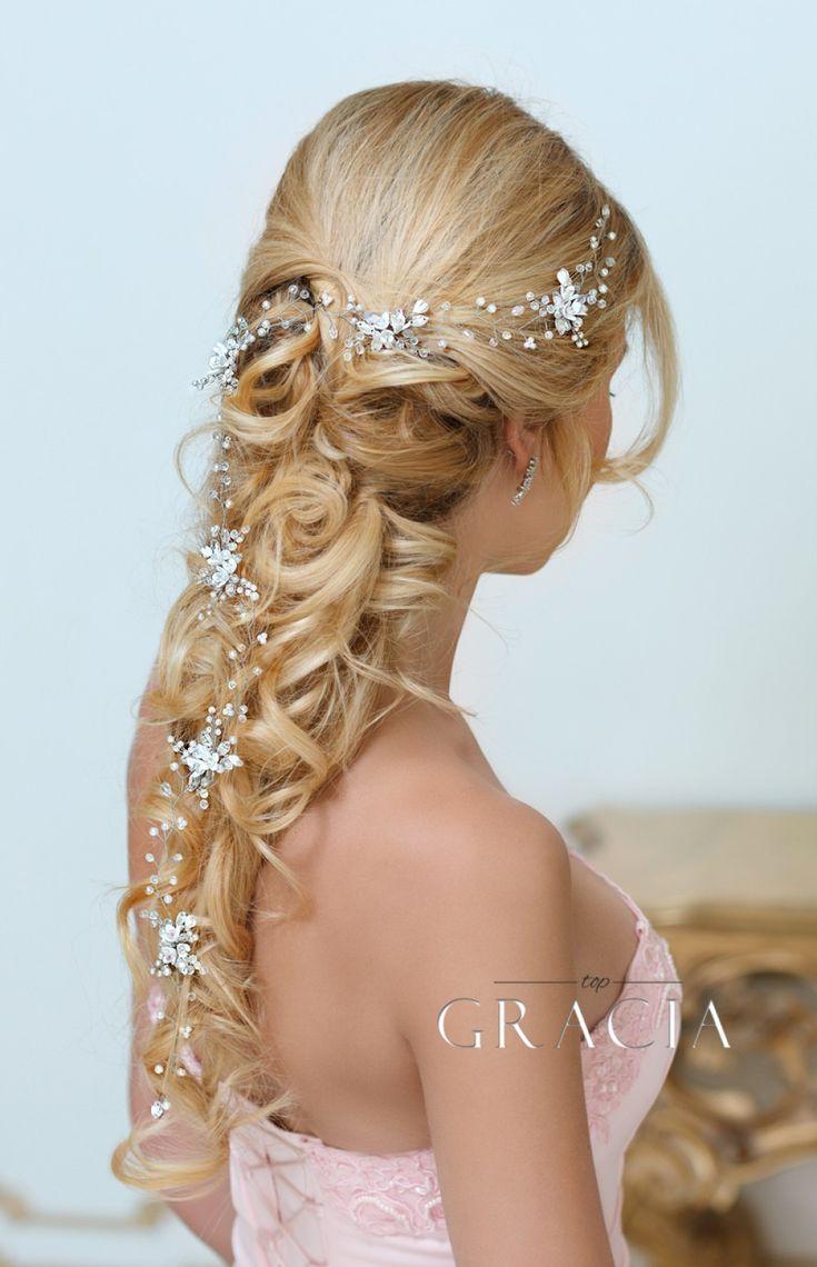 زفاف - HELEN White Flower Long Bridal Hair Vine With Crystals And Pearls