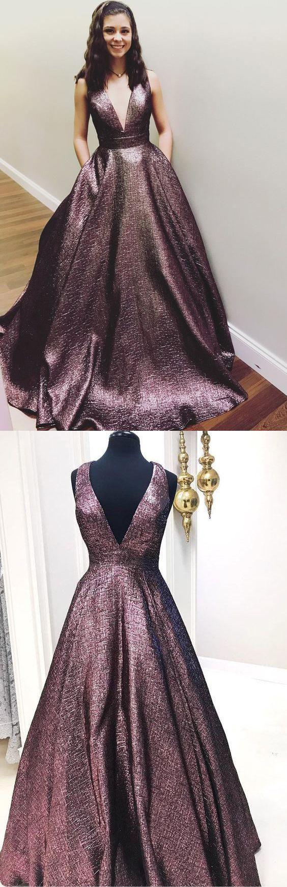 زفاف - Elegant V Neck A Line Chocolate Long Prom Dress Ball Gown With Pockets OK948