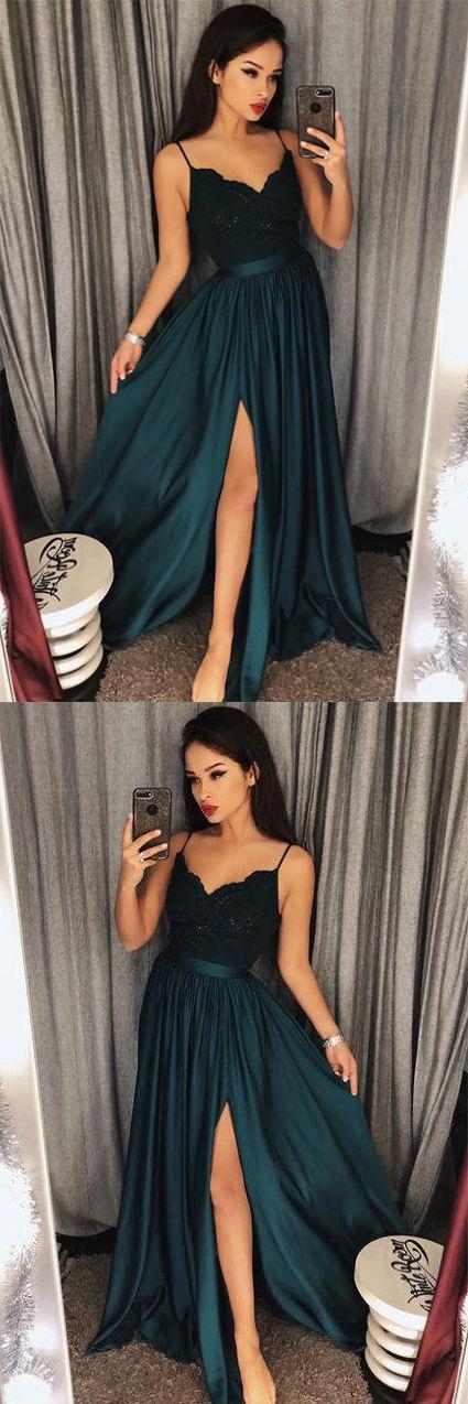 زفاف - Dark Green Spaghetti Straps Split Lace Long Prom Dress OK949