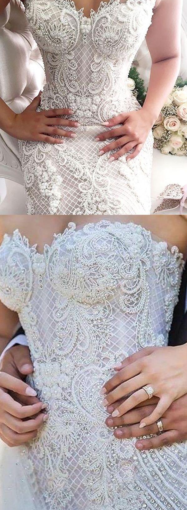 زفاف - Mermaid Sweetheart Sweep Train Lace Wedding Dress With Beading Pearls