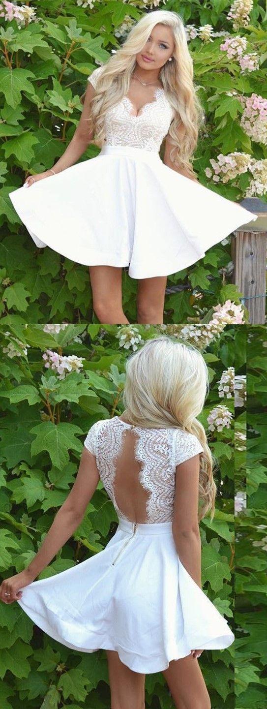 Hochzeit - A-Line V-Neck Cap Sleeves Open Back White Short Homecoming Dress With Lace