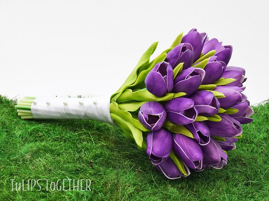 Hochzeit - Purple Real Touch Tulip Wedding Bouquet - Ready for Quick Shipment 2 Dozen Tulips Customize Your Wedding Bouquet - Bridal Bridesmaid Bouquet