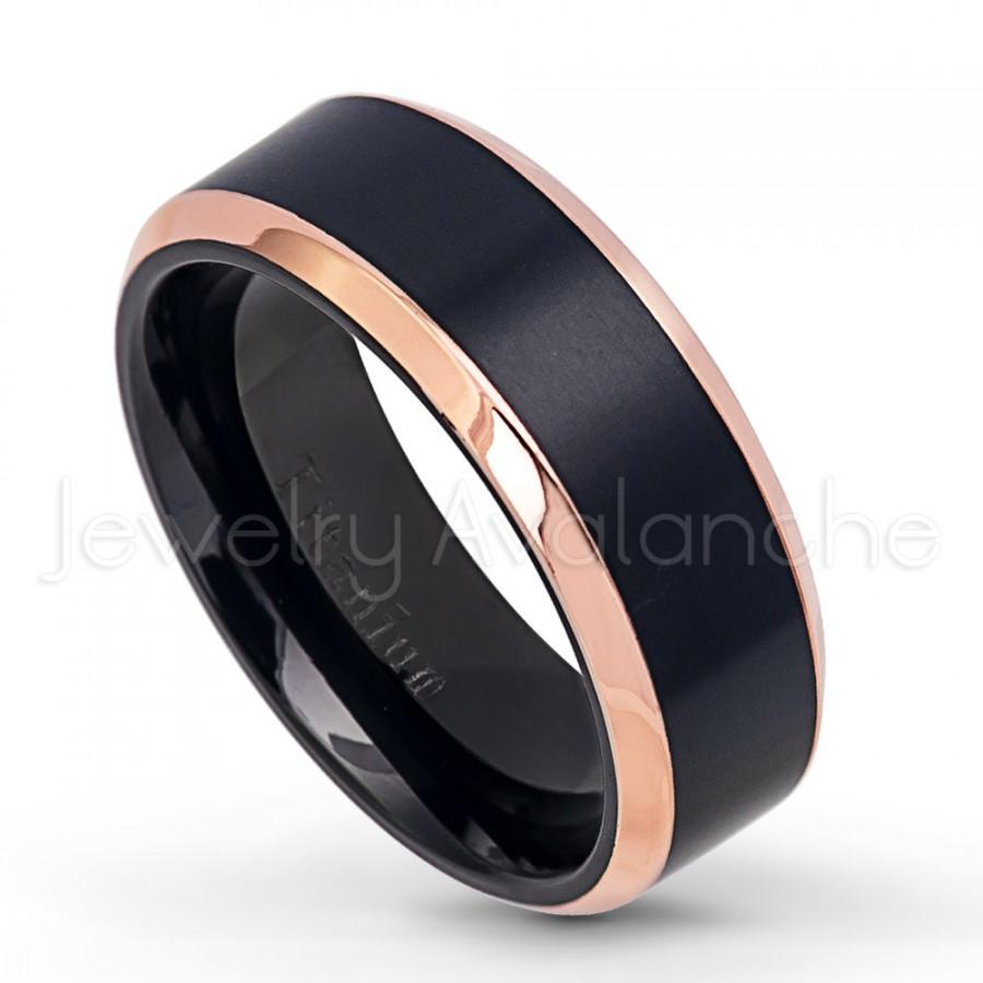 Wedding - 8mm Comfort Fit 2-Tone Titanium Wedding Ring, Matte Finish Black IP Center and Polished Rose Gold Plated Beveled Edge Titanium Ring TM581