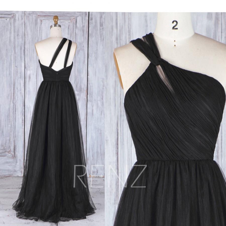 زفاف - Bridesmaid Dress Black One Shoulder Asymmetrical Tulle Wedding Dress,Ruched Top Maxi Dress,A Line Evening Dress Full Length(HS471)