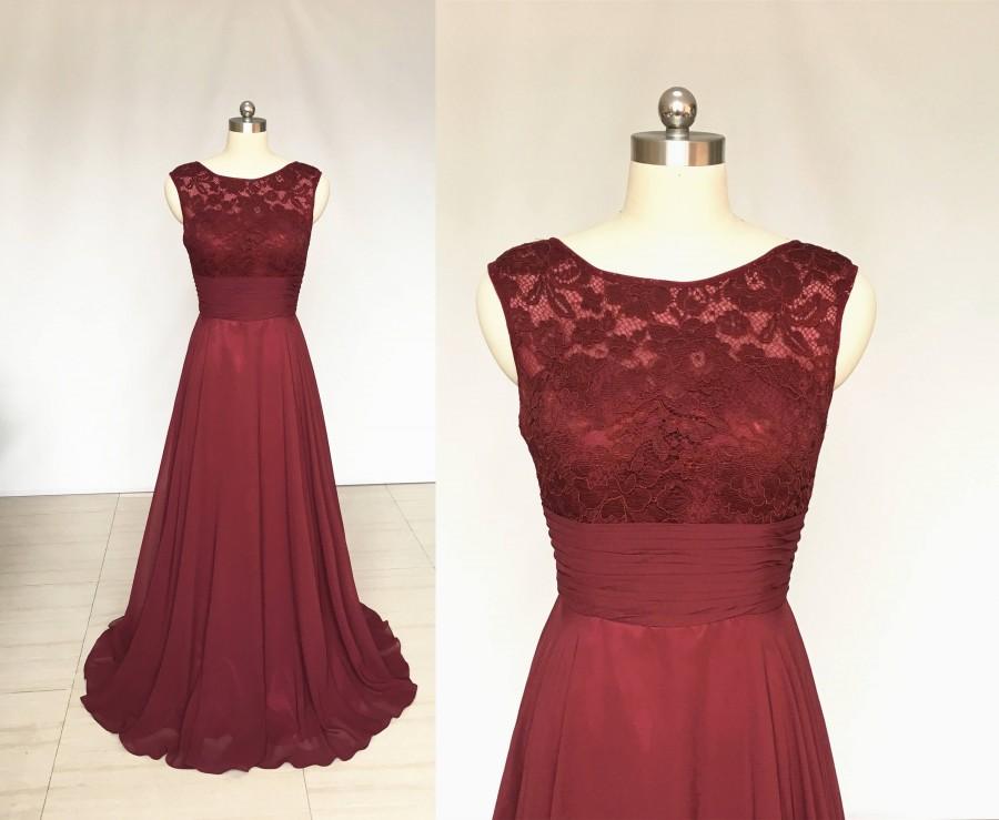 Mariage - Scoop Burgundy Lace Chiffon Long Bridesmaid Dress