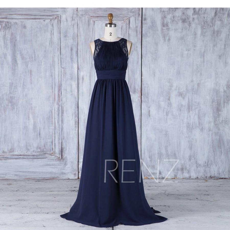 Mariage - Bridesmaid Dress Navy Blue Chiffon Wedding Dress,Jewel Neck Illusion Lace Long Prom Dress,Ruched Bodice A Line Maxi Dress Full Length(H486)