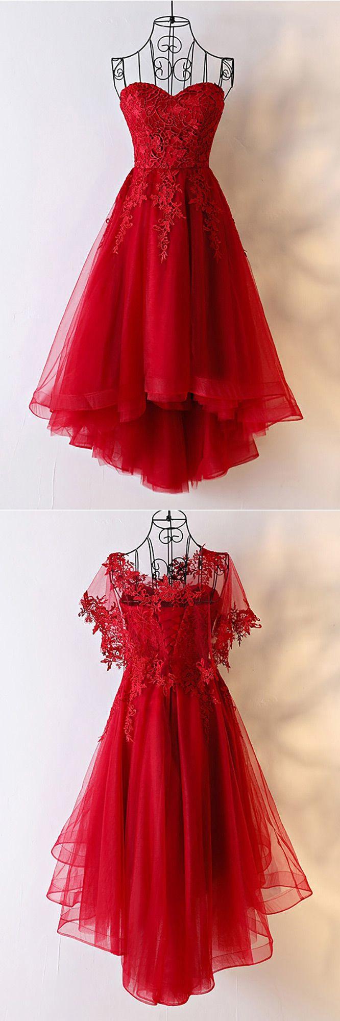 زفاف - Unique Burgundy High Low Tulle Cheap Prom Dress With Appliques - $99 #MYX18200 - SheProm.com