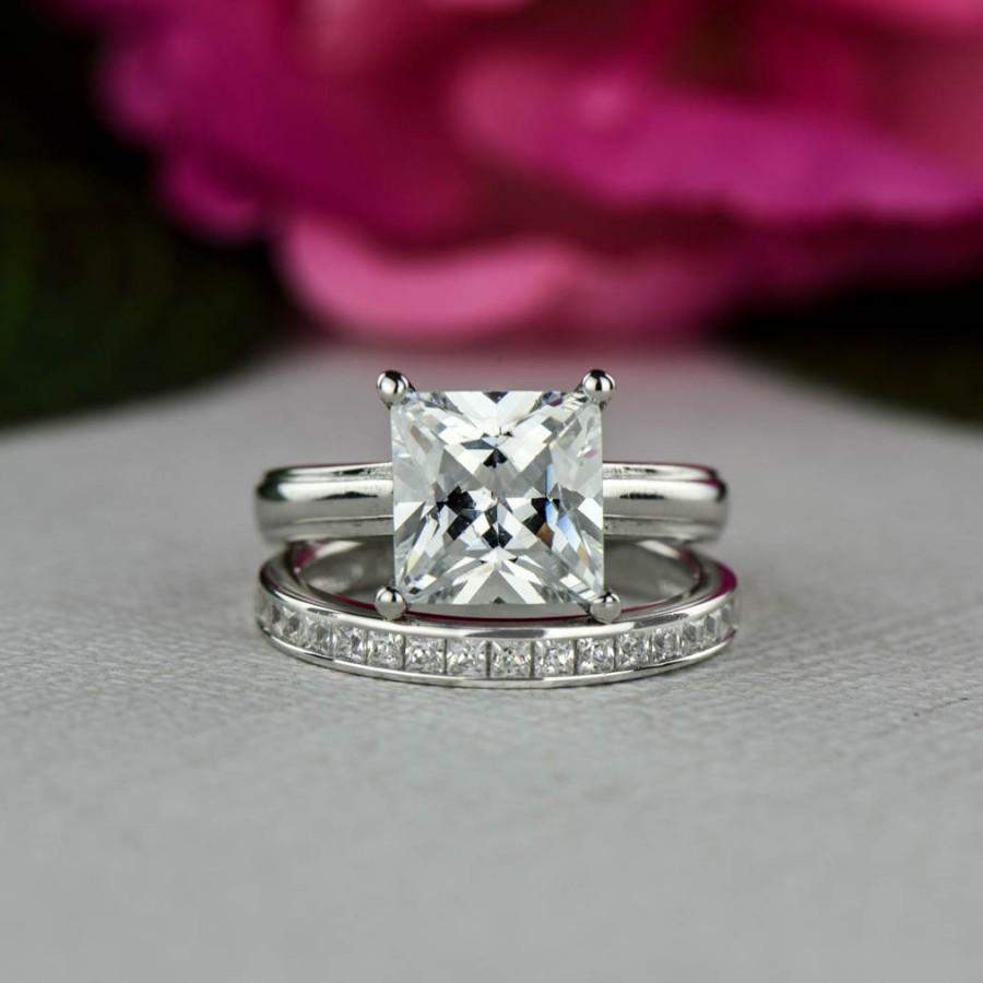 Wedding - 3.25 ctw Princess Cut, Bridal Set, Solitaire Engagement Ring, Man Made Diamond Simulants, Wide Wedding Band, Promise Ring, Sterling Silver