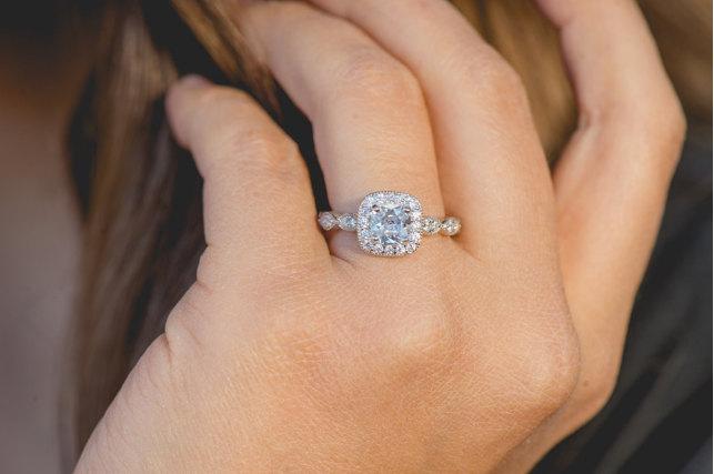 Mariage - Art Deco Engagment Ring, Wedding Ring, Promise Ring, Cushion Cut Ring, Vintage Inspired Engagement Ring, Diamond Simulants, Sterling Silver