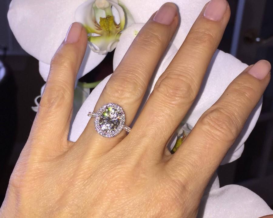 Hochzeit - Moissanite Engagement 3.0ct Forever Brilliant Oval Ring .75ct Genuine Diamond Ring 18k White Gold Classic Halo Ring Pristine Custom Rings