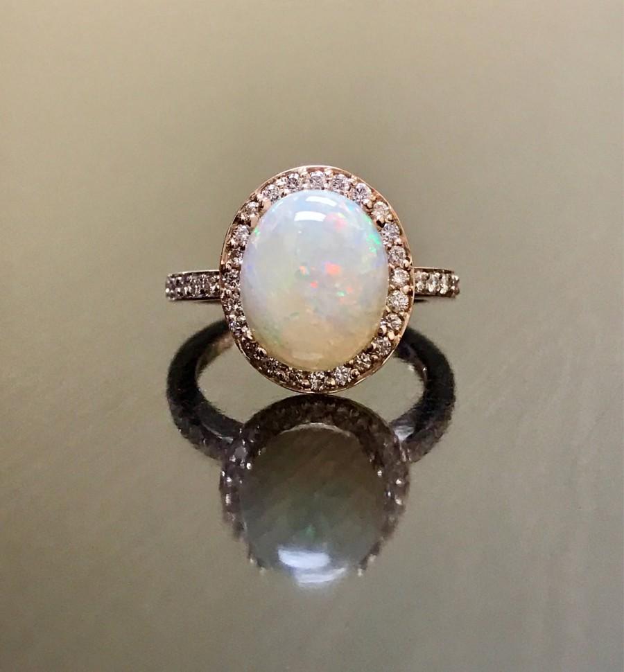 زفاف - 18K Rose Gold Halo Diamond Opal Engagement Ring -  Rose Gold Opal Diamond Wedding Ring - Art Deco Rose Gold Opal Ring - Halo Diamond Ring