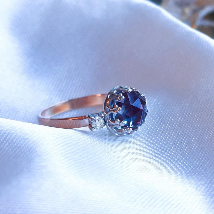 Wedding - Alexandrite Diamond ring, Alexandrite & Moissanite Diamond ring, Alexandrite Engagement ring, 9ct, 14ct, 18ct solid Gold ring.