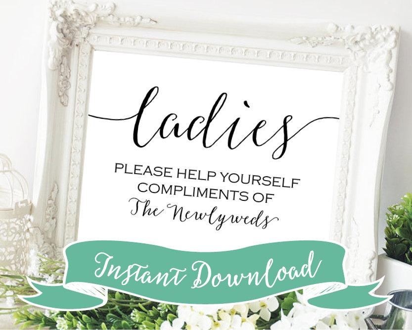Wedding - SALE PRINTABLE 5 x 7 Ladies Please Help Yourself Compliments of the Newlyweds. Women's Wedding Bathroom basket Sign. Sign for Restroom.