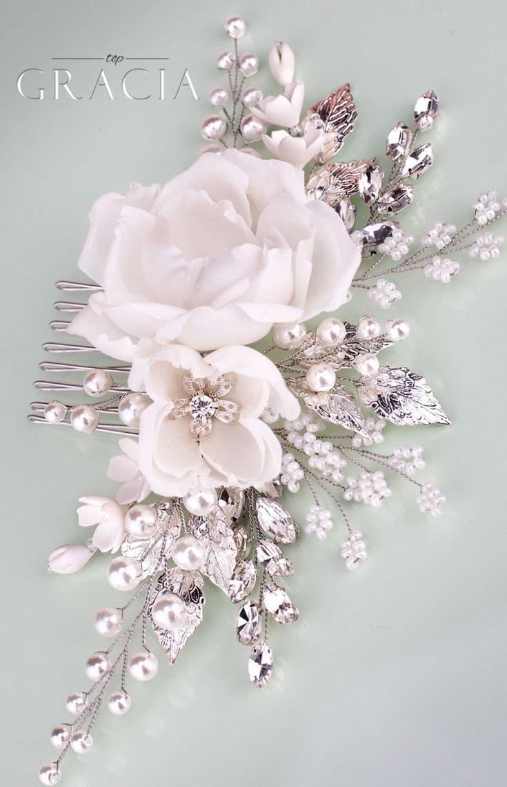 Hochzeit - ROSE Floral Hair Accessories White Bridal Hair Flower Comb With Rhinestones