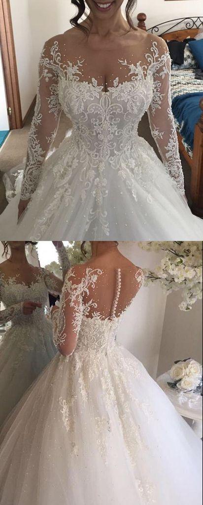 زفاف - Chic Wedding Dresses Scoop Long Sleeve Ball Gown Beading Bridal Gown JKS245