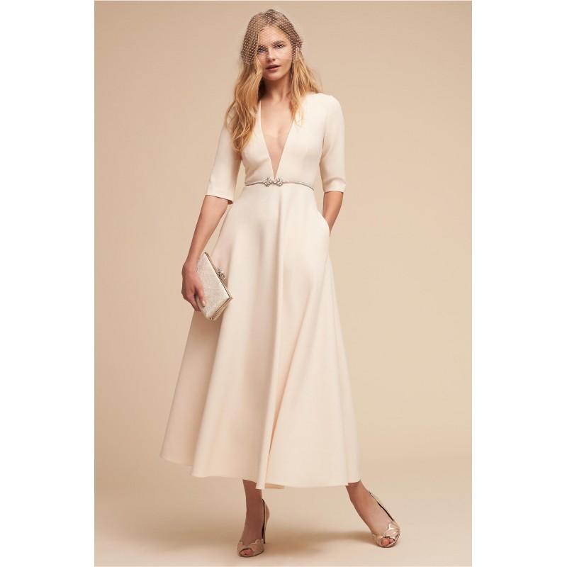 زفاف - BHLDN Spring/Summer 2018 Kennedy Tea-Length Simple Aline V-Neck Ivory 3/4 Sleeves with Sash Crepe Wedding Gown - Crazy Sale Bridal Dresses