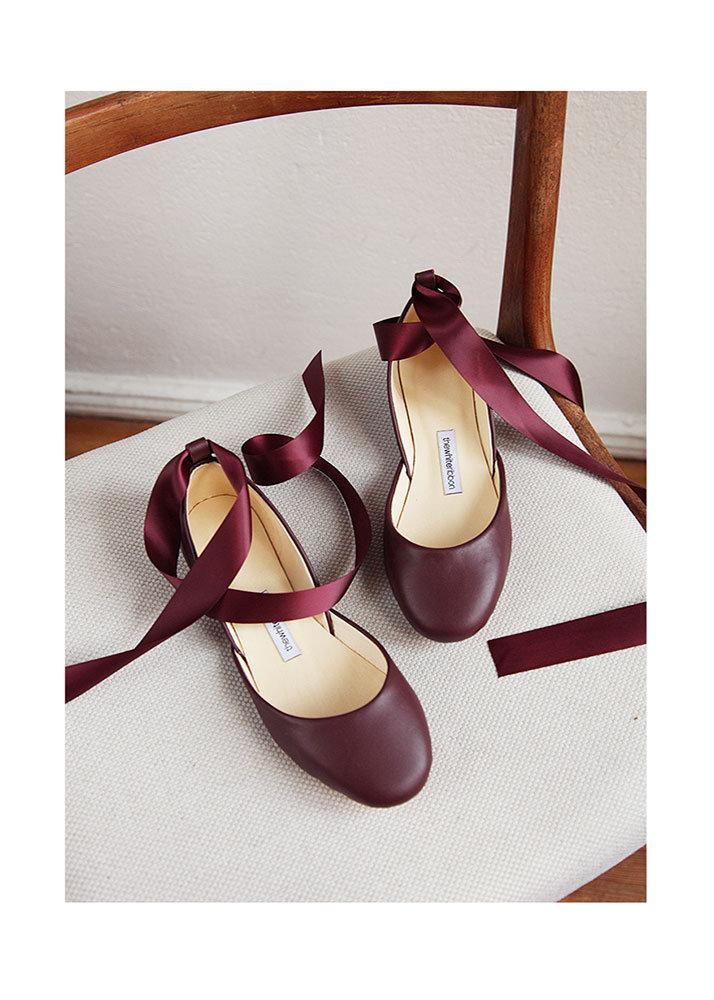 Mariage - Bordeaux Leather Ballet Flats with Satin Ribbons 