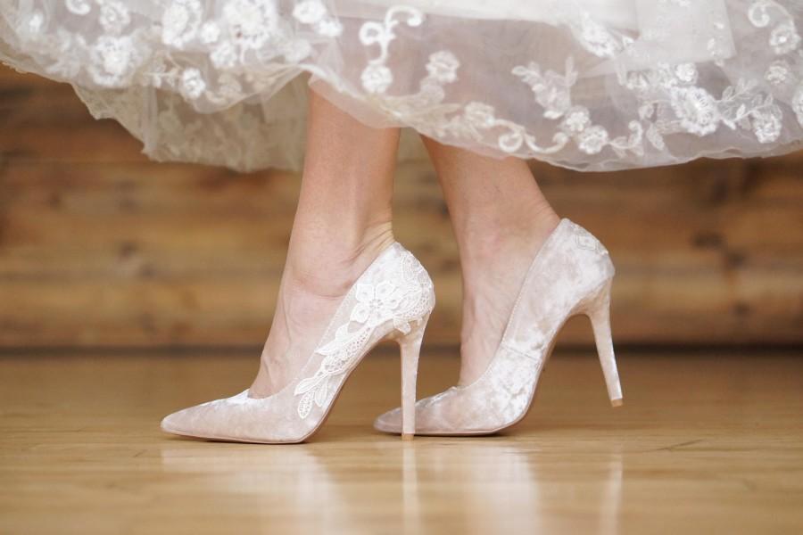 Wedding - Champagne Wedding Shoes,Velvet Heels,Bridal Heels,Velvet Wedding Heels,Champagne Pumps,High Heels,Bridesmaid,Bridal Shoes with Ivory Lace