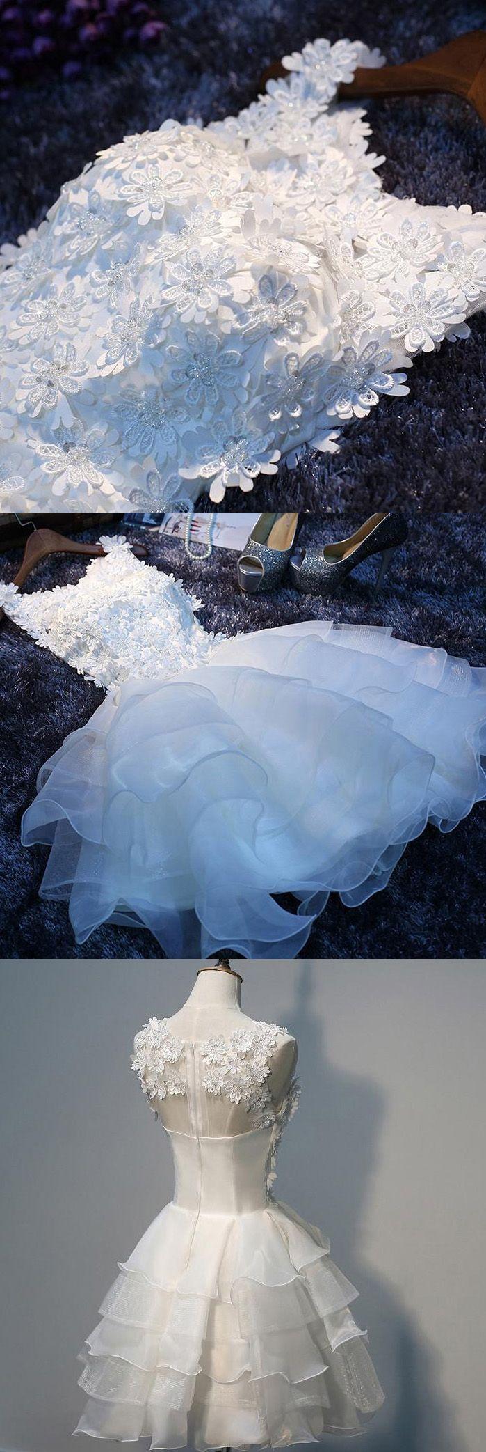 Hochzeit - Princess Homecoming Dresses, White Homecoming Dresses, Short Party Dresses With Flower Sleeveless Round WF02G49-127
