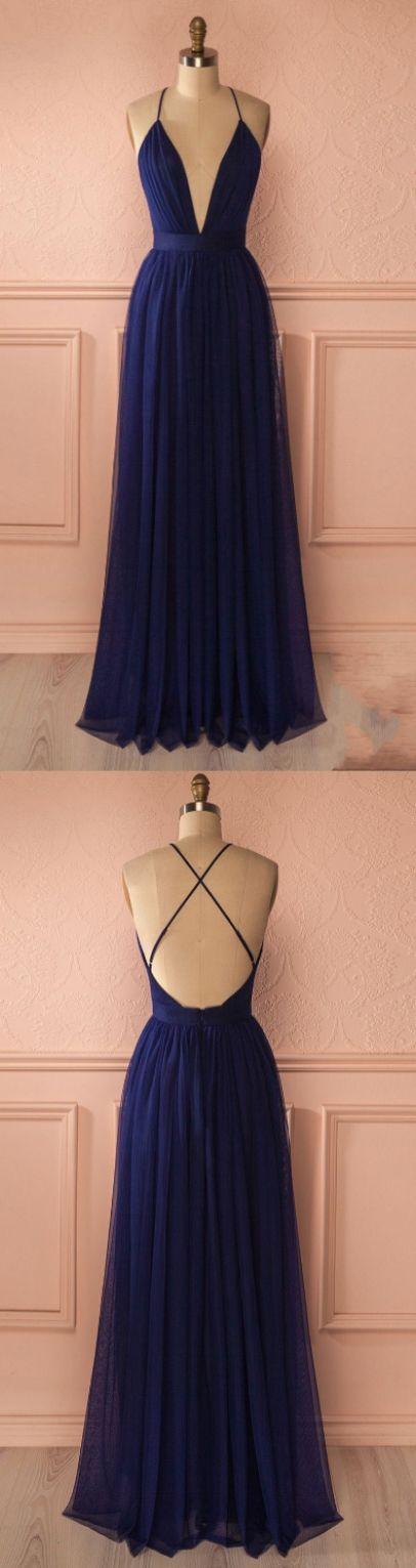 Mariage - Floor Length Prom Dresses, Navy Floor-length Evening Dresses, Floor-length Long Prom Dresses, Sexy Navy V Neck Backless Prom Dress, Simple Long Evening Dress For Woman WF01G44-1009