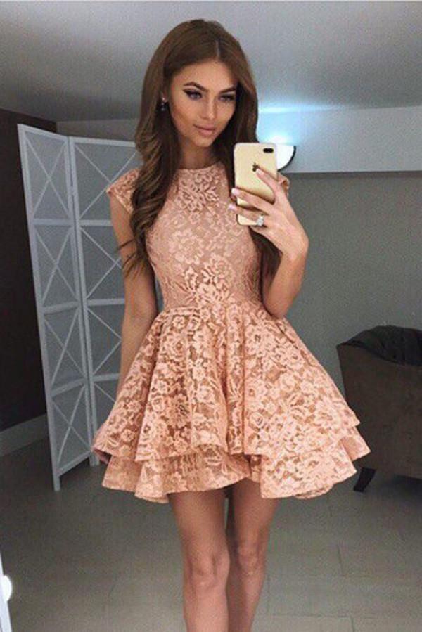 Свадьба - Coral Lace Short Prom Dress,Tiered Puffy Appliques Cheap Homecoming Dress,Party Dress SH140